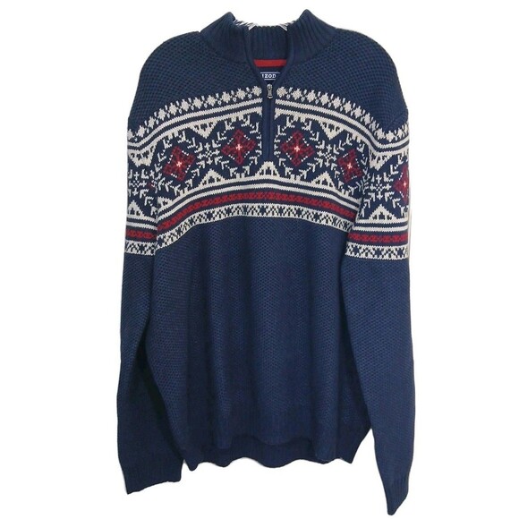 IZOD Sweater Men L 1/4 Zip Fair Isle Nordic Pullover Ski Navy Blue Preppy Chunky - Picture 3 of 16